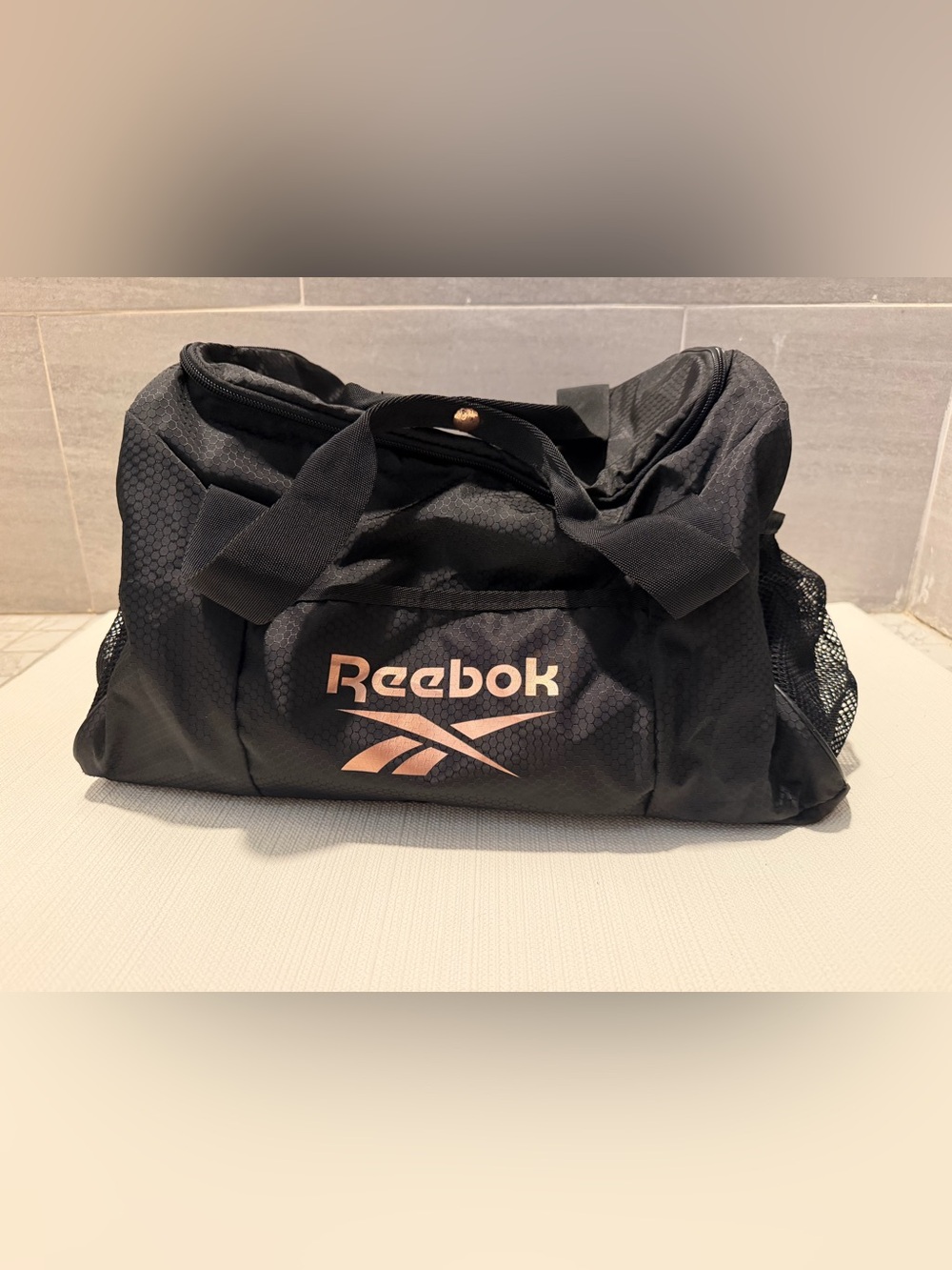 Reebok Black Duffel Bag with Rose Gold Logo Accents